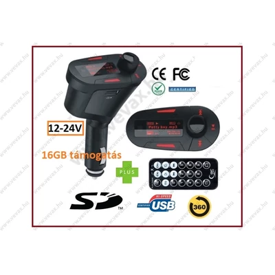 Exclusive AUTÓS FM TRANSZMITTER 16GB külsö mem. MP3 LEJÁTSZÓ WMA USB SD MMC 12/24V TRANSMITTER TÁVIRÁNYÍTÓVAL