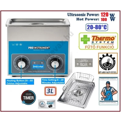 **ProInstrument AnA40K INOX Heating IPARI 3 Literes 120W ULTRAHANGOS TISZTÍTÓ GÉP + MELEGÍTŐ FUNKCIÓVAL 20-80°C HŐFOKSZABÁLYZÓS MOSÓ