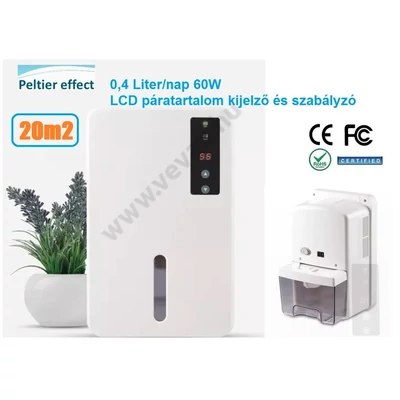 20m2 DIGITÁLIS ELEKTROMOS PÁRAMENTESÍTŐ LÉGTISZTÍTÓ 0,4L/nap 60W PÁRÁTLANÍTÓ THERMOELEKTROMOS 0,4 liter / 24H