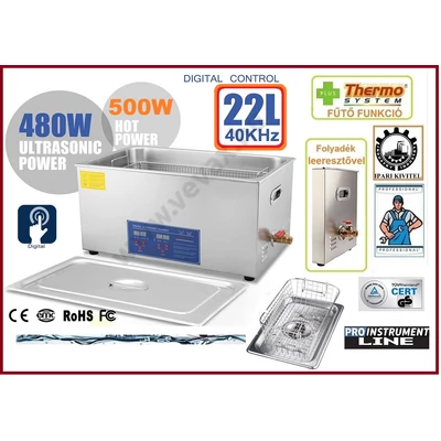 **ProInstrument DigitaL40K INOX Heating IPARI 22 Literes 480W ULTRAHANGOS TISZTÍTÓ GÉP + MELEGÍTŐ FUNKCIÓVAL 20-80°C HŐFOKSZABÁLYZÓS 22L DIGITÁLIS MOSÓ