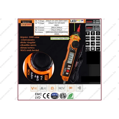 PenTyp CAT III EGYKEZES AC/DC 600V COM MULTIMÉTER CAT III 600V ÉRINTÉSMENTES VOLTMÉRŐ DIÓDA ELLENÁLLÁSMÉRŐ IEC 61010–1 stiftmultiméter FESZÜLTSÉGMÉRŐ FESZÜLTSÉGVIZSGÁLÓ TESZTELŐ  MÉRŐMŰSZER