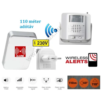 MOZGÁSÉRZÉKELŐS + RIASZTÓ CSENGŐ VEZETÉK NÉLKÜLI WIRELESS MOZGÁSÉRZÉKELŐ HANGOS RIASZTÓ 110 méter