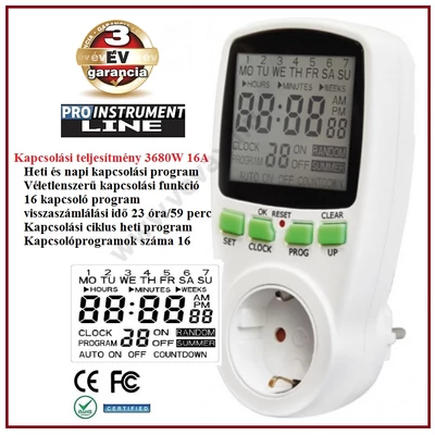 ProInstrument Practic DIGITÁLIS HETI - NAPI IDŐKAPCSOLÓ ÓRA 3680W 16A 1perc-99óra 16 program IDŐZÍTŐ