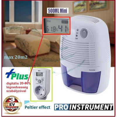 20m2 ProInstrument ELEKTROMOS PÁRAMENTESÍTŐ + DIGITÁLIS PÁRATARTALOM SZABÁLYZÓ THERMOELEKTROMOS 0,5L/nap PÁRÁTLANÍTÓ