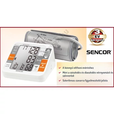 SENCOR SBP 690 FELKAROS VÉRNYOMÁSMÉRŐ FULL AUTOMATA DIGITÁLIS 42cm 60 memória NAPTÁR 3 év GARANCIA