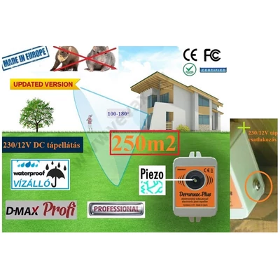 DmaX Plus PROFI 230/12V KÜLTÉRI / BELTÉRI 250m2 ULTRAHANGOS EGÉRRIASZTÓ PATKÁNYRIASZTÓ PIEZO ELEKTROMOS RÁGCSÁLÓRIASZTÓ