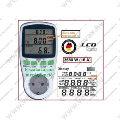 Practic Konnektoros fogyasztásmérő éjszakai áram + CO2 is digitális energiaköltségmérő otthoni energia fogyasztás mérő wattmérő
