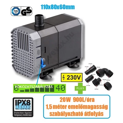 Eco 900 Liter / óra 20W VÍZSZŰRŐS TÓSZIVATTYÚ SZABÁLYOZHATÓ KERTI TÓ SZÖKŐKÚT SZIVATTYÚ 3mm SZEMCSEMÉRET 1,5 m EMELŐMAGASSÁG AKVÁRIUM BÚVÁRSZIVATTYÚ