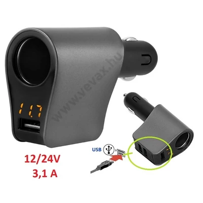 2in1 12V / 24V AUTÓS SZIVARGYÚJTÓS VOLTMÉRŐ 3x USB 3,1A TÖLTŐ DIGITÁLIS AKKUMULÁTOR MÉRŐ AUTÓS FESZÜLTSÉGMÉRŐ AKKU MŰSZER TESZTELŐ