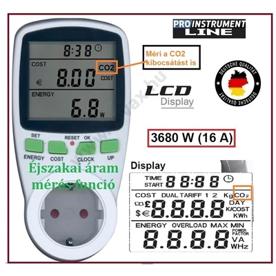 ProInstrument Practic KONNEKTOROS FOGYASZTÁSMÉRŐ ÉJSZAKAI ÁRAM + CO2 IS DIGITÁLIS ENERGIAKÖLTSÉGMÉRŐ OTTHONI ENERGIA FOGYASZTÁS MÉRŐ WATTMÉRŐ