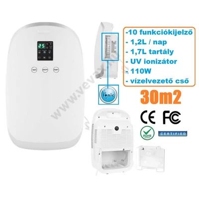 2in1DigiControll 30m2 IONIZÁCIÓS ELEKTROMOS PÁRAMENTESÍTŐ LÉGTISZTÍTÓ 1,2L/nap 110W PÁRÁTLANÍTÓ THERMOELEKTROMOS 1,2 liter / 24H