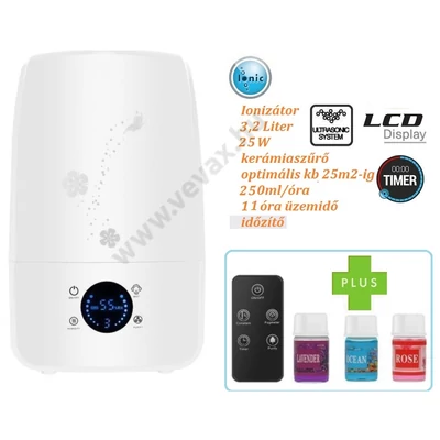 2in1 ULTRAHANGOS HIDEGLEVEGŐS + IONIZÁTOROS PÁRÁSÍTÓ TÁVIRÁNYÍTÓVAL + 3db ILLÓOLAJJAL 3,2 Literes 25m2 25W DIGITÁLIS ÉRINTŐFELÜLETES ELEKTROMOS HIDEG LÉGNEDVESÍTŐ IONOS LÉGTISZTÍTÓ