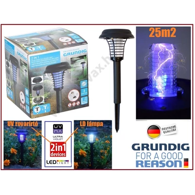 25m2 GRUNDIG 2in1 NAPELEMES KÜLTÉRI VÍZÁLLÓ UV ELEKTROMOS ROVARCSAPDA DC 2000V rácsfeszültséggel + LED KERTI LÁMPA SZÚNYOGÍRTÓ LÉGYÍRTÓ