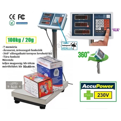 100kg / 20g AKKUS + 230V INOX ÁLLÓ DIGITÁLIS ÁRSZORZÓS MÁZSA MÉRLEG RAKTÁRI OSZLOPOS HORDOZHATÓ ROZSDAMENTES ACÉL MÁZSAMÉRLEG