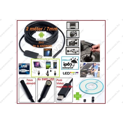 2in1 PC & ANDROID OTG 5 méter / 7 mm USB ENDOSZKÓP KAMERA OKOSTELEFON / PC / TABLET CMOS OBJEKTÍV IP67 VÍZÁLLÓ 6x SMD LED FOTÓ / VIDEÓ 50x NAGYÍTÁS