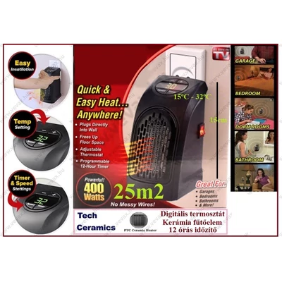 25m2 QuickHeat MINI LCD DIGITÁLIS TERMOSZTÁTOS VENTILÁTOROS HŐSUGÁRZÓ 400W HŐFOKSZABÁLYZÓS IDŐZÍTŐVEL KERÁMIA FŰTŐBETÉTTEL HORDOZHATÓ
