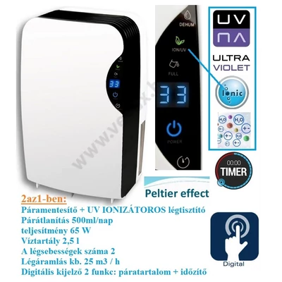 2in1 25m2 DIGITÁLIS + IONIZÁCIÓS ELEKTROMOS PÁRAMENTESÍTŐ LÉGTISZTÍTÓ 0,5L/nap 65W PÁRÁTLANÍTÓ THERMOELEKTROMOS 0,5 liter / 24H