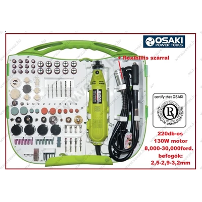 220db-os OSAKI DIY MINI GRAVÍROZÓ FÚRÓGÉP 130W SZABÁLYOZHATÓ + FLEXIBILIS TOKMÁNY 220 részes KÉSZLET KÖSZÖRŰ CSISZOLÓ FÚRÓ POLÍROZÓ KOFFERREL GRAVÍROZÓGÉP