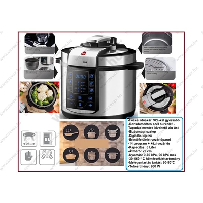 14 programos 5L 900W DIGITÁLIS ELEKTROMOS KUKTA 5 Literes 30-160°C MULTIFUNKCIÓS NYOMÁSÁLLÓ FŐZŐEDÉNY